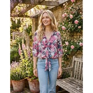 Y2K VTG Floral Tie Neck Blouse Womens sheer Pink White Multicolor Cottagecore L